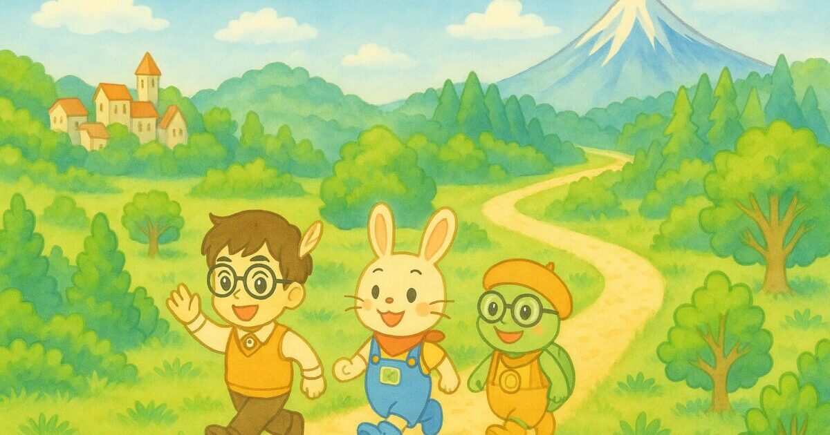 たけはる、ぴょこすけ、のんきちが緑の道を歩くイラスト。背景に富士山と村の景色