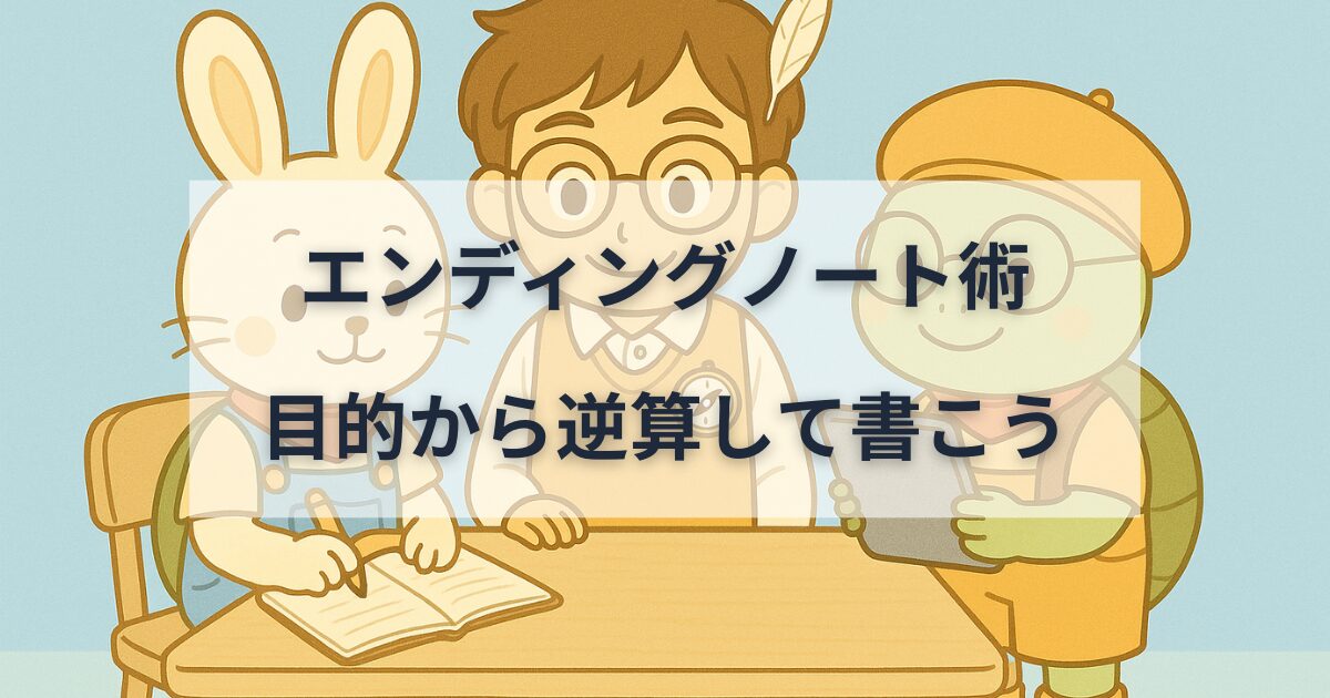 机を囲んで、ぴょこすけがノートを書き、のんきちがタブレットを持ち、たけはるが穏やかに見守る様子を描いたイラスト。背景は淡い青で左上に余白がある。
