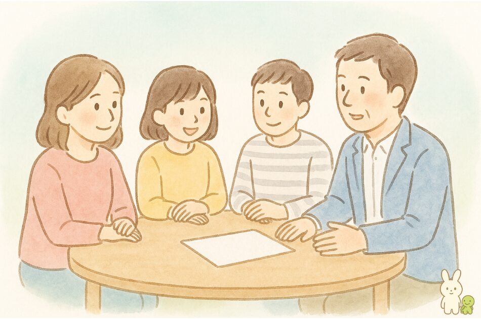 終活で葬儀や供養について家族が話し合うイラスト