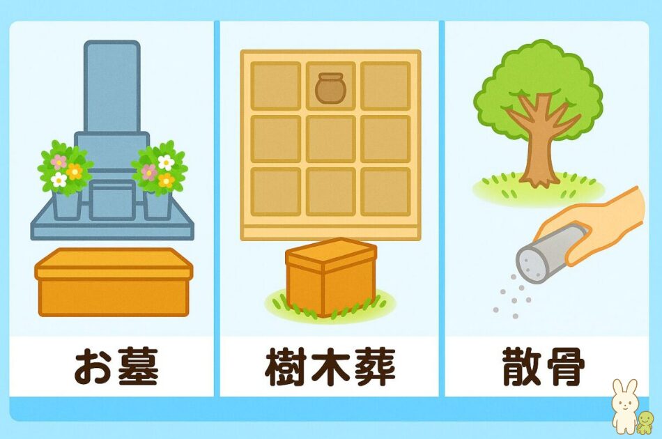 お墓・樹木葬・散骨の違いを示すイラスト