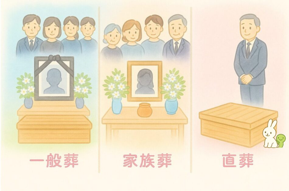 一般葬・家族葬・直葬の違いを比較したイラスト