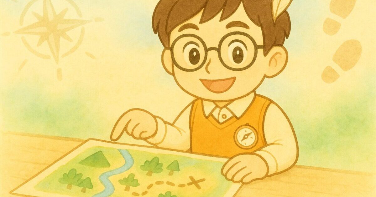終活Lifeの管理人たけはるが地図を指差し、読者を案内しているイラスト