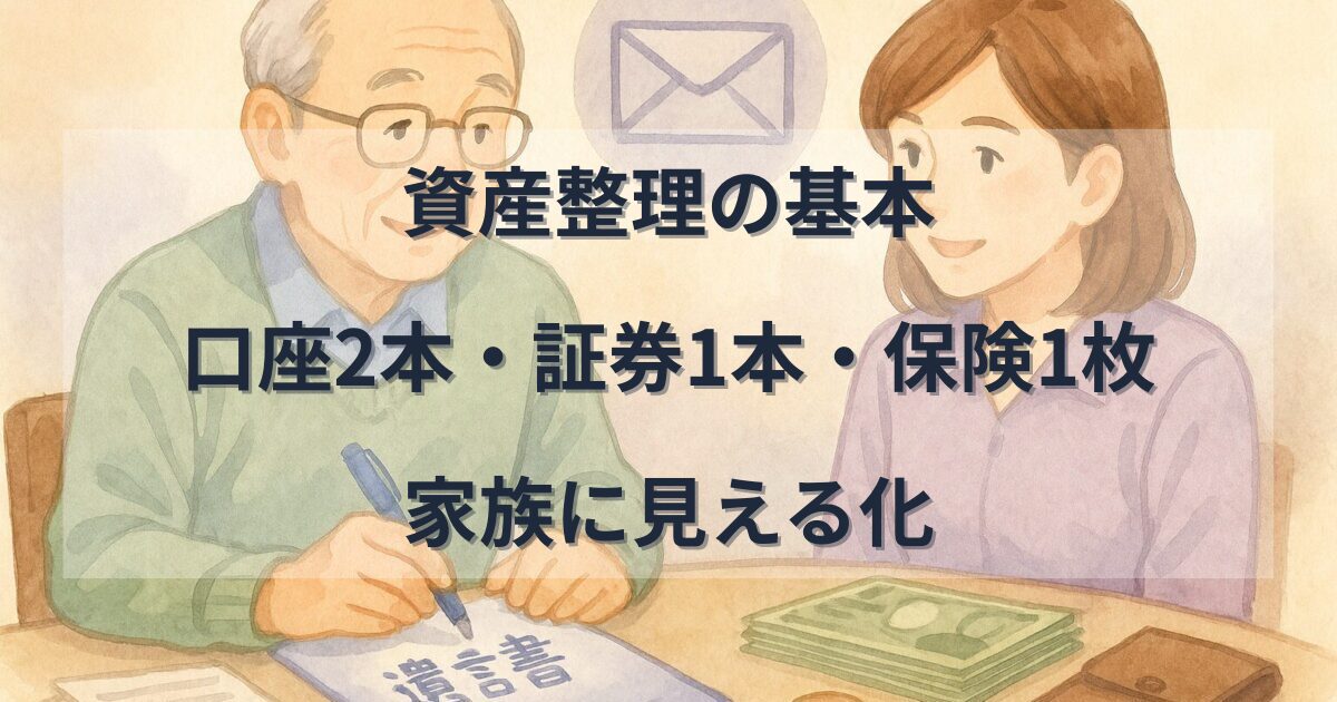 シニア夫婦と家族が資産整理について話し合う様子。口座2本・証券1本・保険1枚で資産を見える化