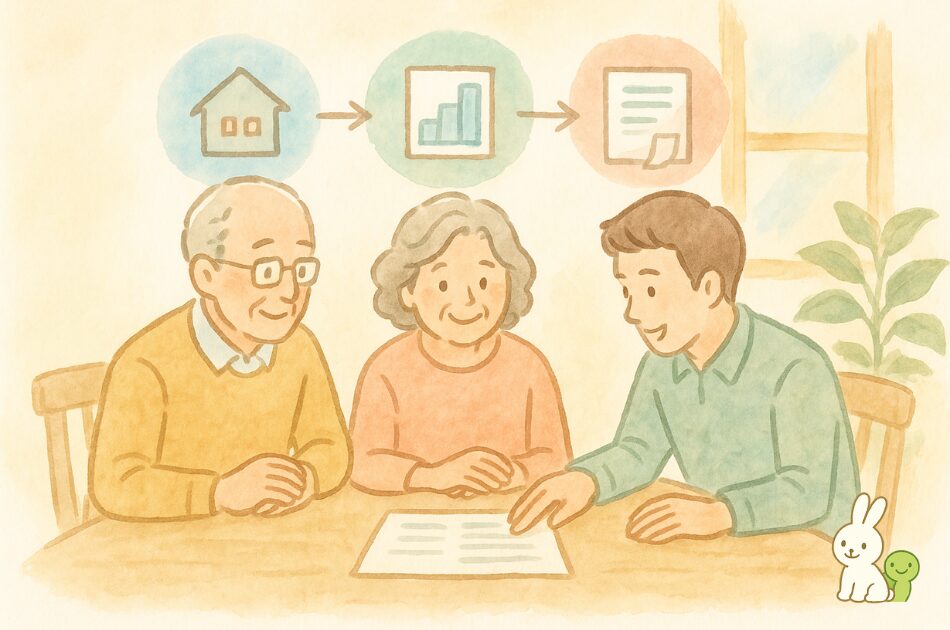 家族がテーブルで資産整理を話し合う様子。通帳や保険を一目で見える化する打ち合わせ。