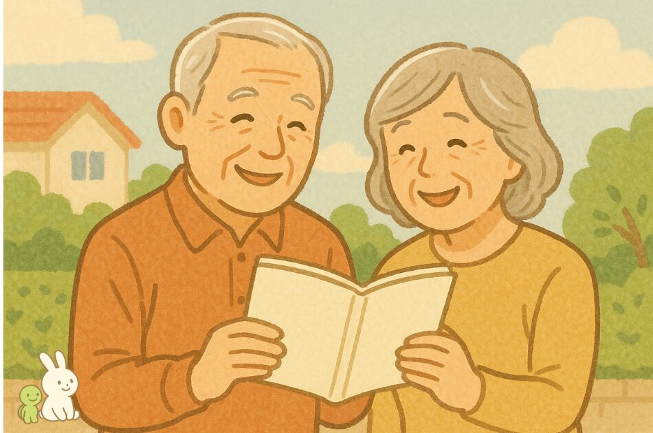 屋外でエンディングノートを開き、笑顔で語り合う高齢夫婦