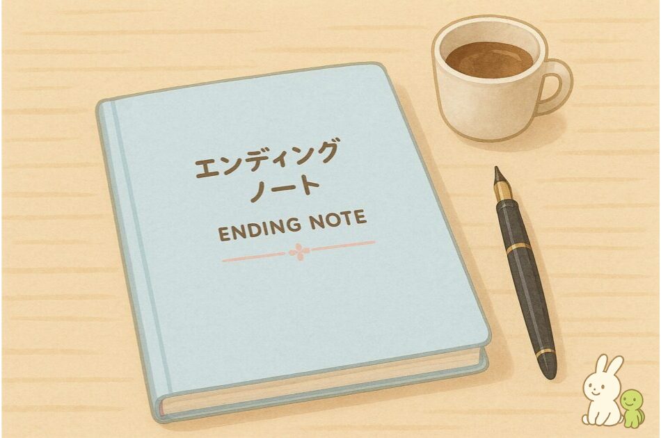 エンディングノートの表紙とペン、コーヒー