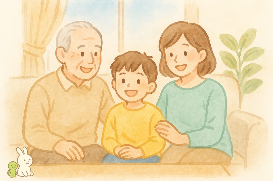 ソファに座る祖父母と子世代、孫が笑顔で団らんしている