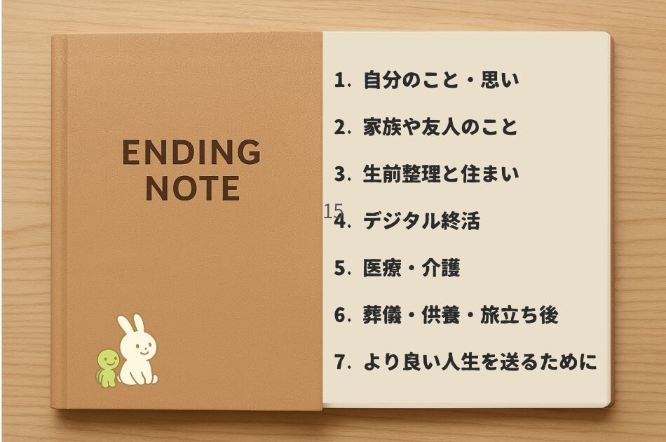 エンディングノートの中身と章立て（自分のこと・家族・生前整理・デジタル・医療・葬儀・人生設計）