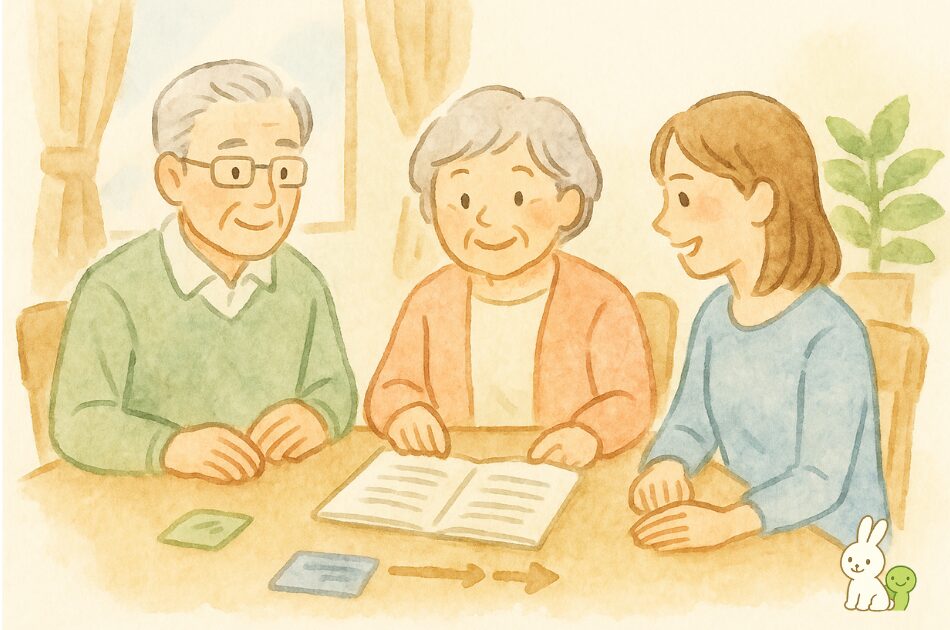 家族がテーブルを囲み、資産整理の台帳を見ながら話し合う様子。