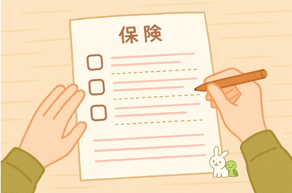 A4台帳に保険契約一覧を手書きで記入する様子。チェック欄と契約内容を整理している。