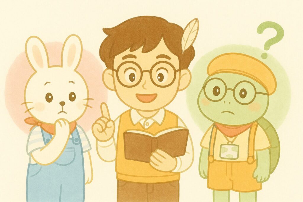 終活のQ&Aで先生が本を手に説明し、ウサギとカメが話を聞いているイラスト