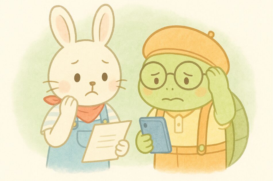 困った表情で書類とスマートフォンを見つめるウサギとカメのキャラクター